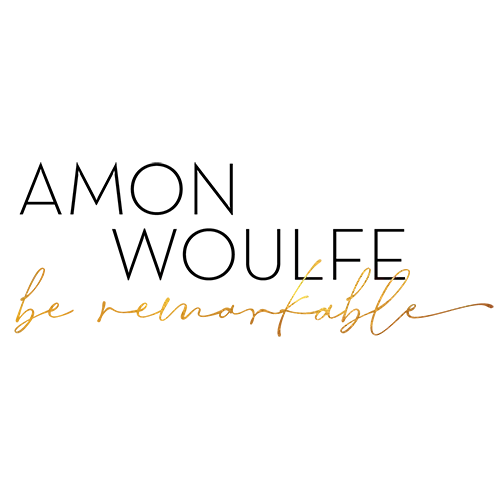 Amon Woulfe logo with words be remarkable in handwriting underneath